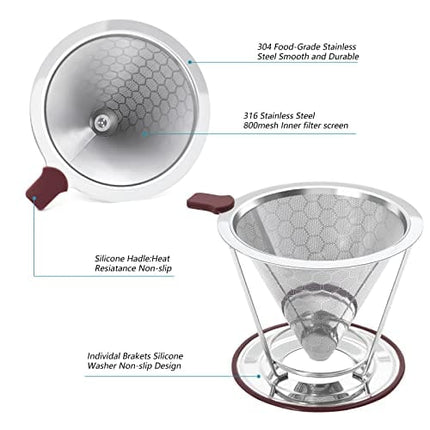MALIHOO Stainless Steel Pour Over Coffee Cone Filter, Honeycombed Cone Coffee Filter with Removable Stand,Paperless pour over coffee maker,Reusable Pour Over Coffee Filter 1-2 cup