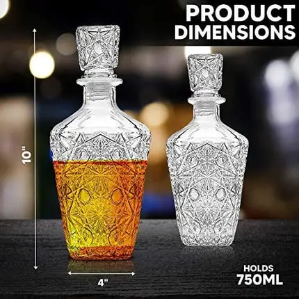 Whiskey Decanter – Elegant Liquor Decanter Set – Glass Liquor Bottle for Whiskey, Tequila and Brandy – Sophisticated Sparkling Design – Set of 2 Premium Decanters for Alcohol