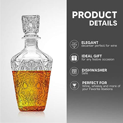 Whiskey Decanter – Elegant Liquor Decanter Set – Glass Liquor Bottle for Whiskey, Tequila and Brandy – Sophisticated Sparkling Design – Set of 2 Premium Decanters for Alcohol