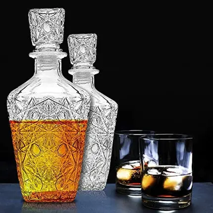 Whiskey Decanter – Elegant Liquor Decanter Set – Glass Liquor Bottle for Whiskey, Tequila and Brandy – Sophisticated Sparkling Design – Set of 2 Premium Decanters for Alcohol