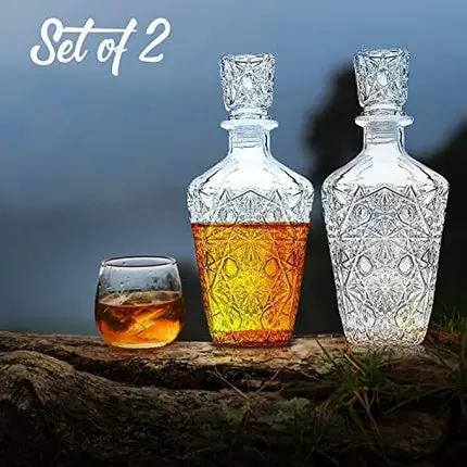 Whiskey Decanter – Elegant Liquor Decanter Set – Glass Liquor Bottle for Whiskey, Tequila and Brandy – Sophisticated Sparkling Design – Set of 2 Premium Decanters for Alcohol