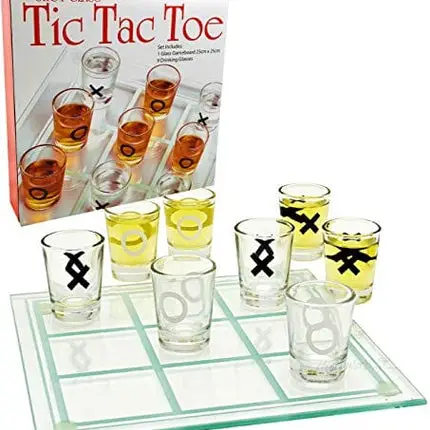 Matty's Toy Stop Tic-Tac-Toe, Three in A Row Shot Glass Drinking Game with 9 Shot Glasses and Glass Game Board (10" x 10")