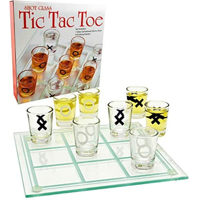 Matty's Toy Stop Tic-Tac-Toe, Three in A Row Shot Glass Drinking Game with 9 Shot Glasses and Glass Game Board (10" x 10")