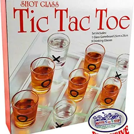 Matty's Toy Stop Tic-Tac-Toe, Three in A Row Shot Glass Drinking Game with 9 Shot Glasses and Glass Game Board (10" x 10")