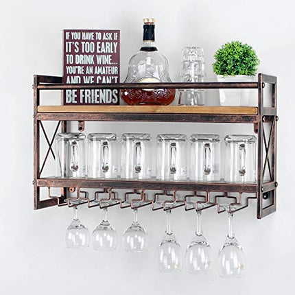 MBQQ Wine Rack Stemware Glass Rack,Industrial 2-Tier Wood Shelf,24in Wall Mounted Wine Racks with 6 Glass Holder for Wine Glasses,Mugs,Home Decor,Retro Red