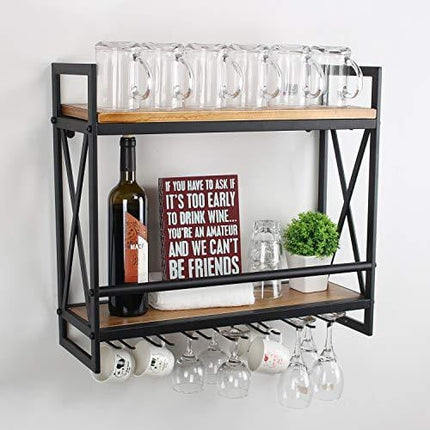 MBQQ Rustic Wall Mounted Wine Racks with 6 Stem Glass Holder,23.6in Industrial Metal Hanging Wine Rack,2-Tiers Wood Shelf Floating Shelves,Home Room Living Room Kitchen Decor Display Rack