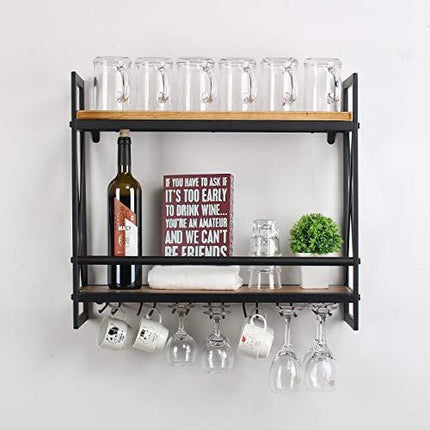 MBQQ Rustic Wall Mounted Wine Racks with 6 Stem Glass Holder,23.6in Industrial Metal Hanging Wine Rack,2-Tiers Wood Shelf Floating Shelves,Home Room Living Room Kitchen Decor Display Rack