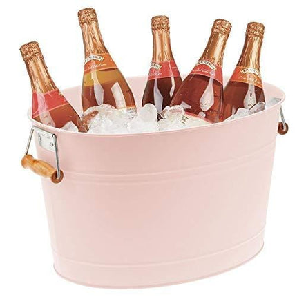 mDesign Metal Beverage Tub & Soda Pop, Beer, Wine, Ice Holder - Portable Party Drink Chiller - 18 Liter Container - Rustic Vintage Farmhouse Oval Storage Bucket Bin - Pink/Natural Bamboo Wood Handles