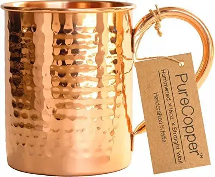 100% Copper Mug for Moscow Mule - 16oz Hammered Pure Copper Thick Straight Wall