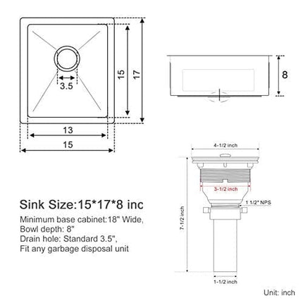 MENATT 15-inch Undermount Bar Sinks, 304 Stainless Steel Workstation Bar Prep Sinks, Single Kitchen Sink Bowl, 15" x 17" x 8"
