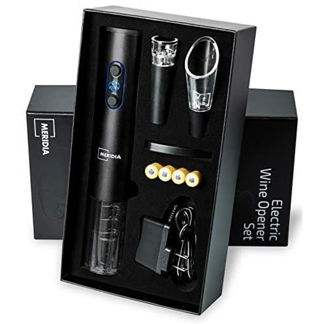 Meridia Electric Wine Opener Set with Charger - Automatic Rechargeable Bottle Corkscrew - Foil Cutter, Aerator Pourer, Vacuum Wine Stopper - Housewarming, Father’s Day & Birthday Gift