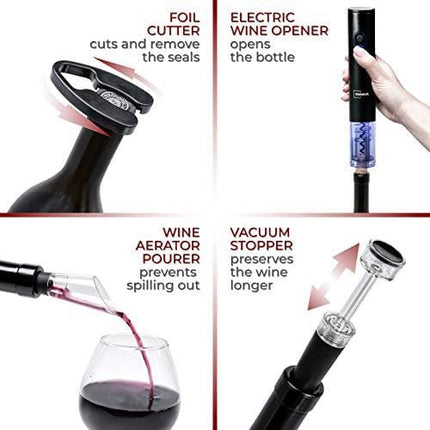Meridia Electric Wine Opener Set with Charger - Automatic Rechargeable Bottle Corkscrew - Foil Cutter, Aerator Pourer, Vacuum Wine Stopper - Housewarming, Father’s Day & Birthday Gift