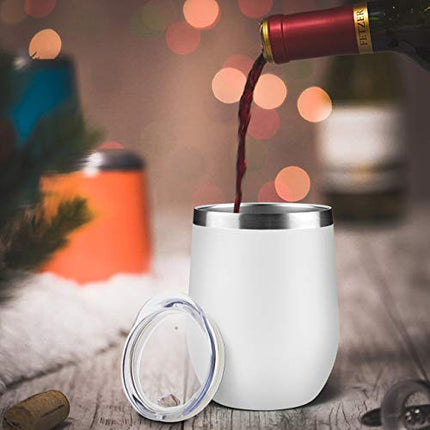 MEWAY Stemless 12 OZ Wine Tumbler Glasses with Lid -Insulated Double Wall Vacuum Stainless Steel Travel Tumbler with Straw ,Gift for Woman Under 10 dollars (White,1)