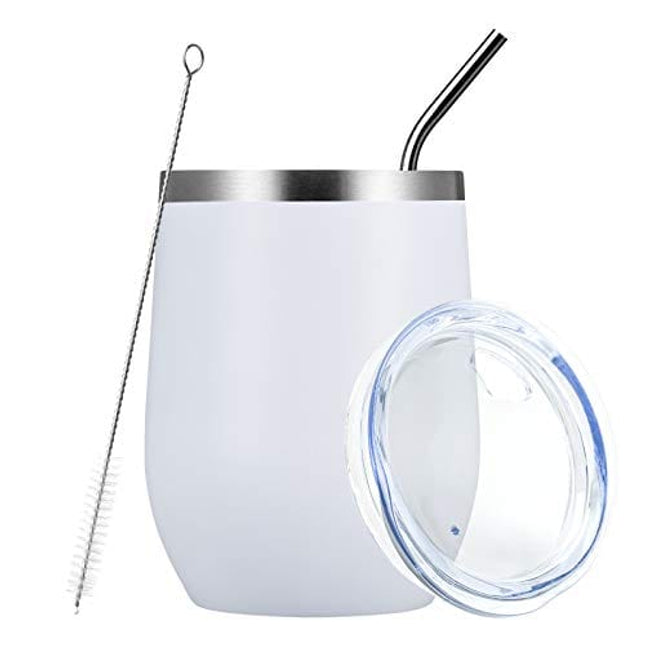 MEWAY Stemless 12 OZ Wine Tumbler Glasses with Lid -Insulated Double Wall Vacuum Stainless Steel Travel Tumbler with Straw ,Gift for Woman Under 10 dollars (White,1)