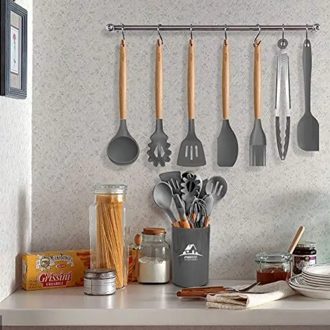 Mibote 17 Pcs Silicone Cooking Kitchen Utensils Set with Holder, Wooden Handles Silicone Turner Tongs Spatula Spoon Kitchen Gadgets Utensil Set for Nonstick Cookware (Grey)