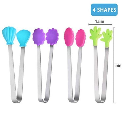 12 Pieces Hand Shape Silicone Tongs, 4 Shapes Small Kitchen Tongs, 5 inch Mini Stainless Steel Serving Food Tongs, Sugar Tongs, Ice Tongs, Appetizers Tongs, Toaster Tong, Food Picks for Kids