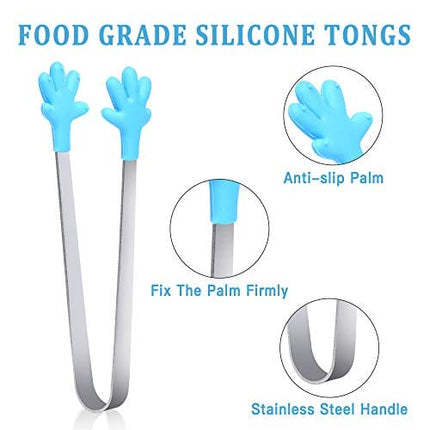 12 Pieces Hand Shape Silicone Tongs, 4 Shapes Small Kitchen Tongs, 5 inch Mini Stainless Steel Serving Food Tongs, Sugar Tongs, Ice Tongs, Appetizers Tongs, Toaster Tong, Food Picks for Kids