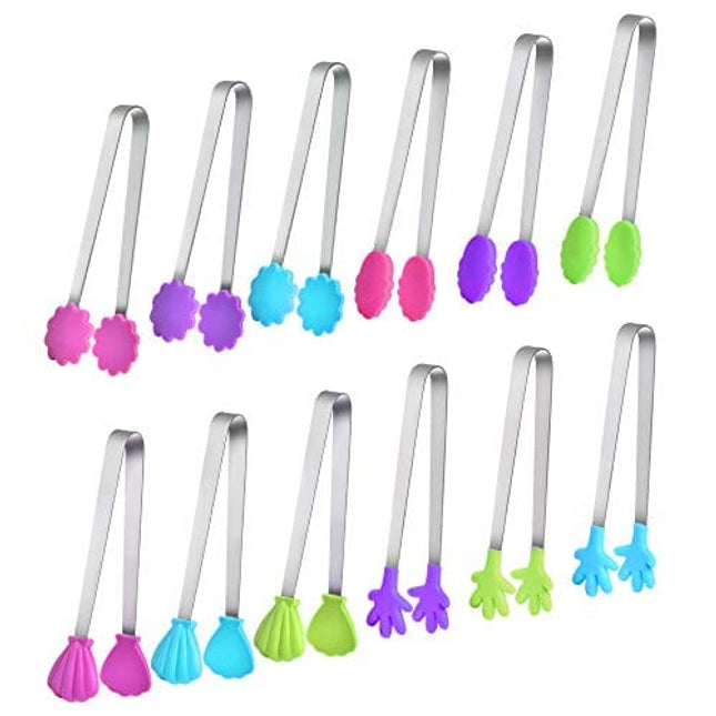 12 Pieces Hand Shape Silicone Tongs, 4 Shapes Small Kitchen Tongs, 5 inch Mini Stainless Steel Serving Food Tongs, Sugar Tongs, Ice Tongs, Appetizers Tongs, Toaster Tong, Food Picks for Kids