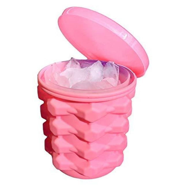 The Ultimate Mini Ice Cube Maker Pink Silicone Bucket Ice Mold and Storage Bin, Portable 2 in 1 Ice Cube Maker, Small Ice Container Makes Frozen Ice Cubes, Craft Ice, Closed Ice Cube Tray, Round