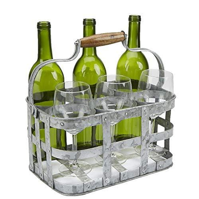 Mind Reader 6WBH-SIL Rustic Farmhouse Carrier, Vintage 6 Beer Case, Wine, Galvanized Metal Rack Basket Caddy, Silver, 6 Bottle Holder