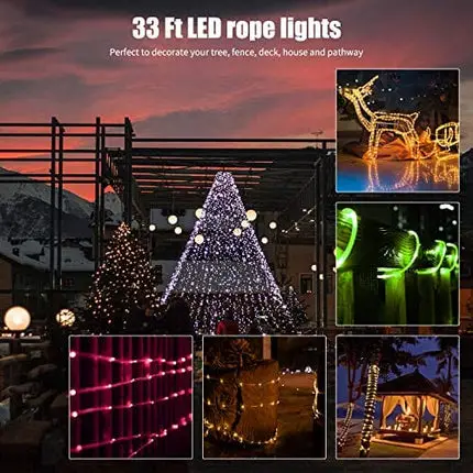 Color Changing Rope Lights: 33 Ft 100 LED Outdoor String Lights with Plug & Remote | Twinkle Lights for Bedroom Wedding Patio Garden Christmas Decor | 16 Colors