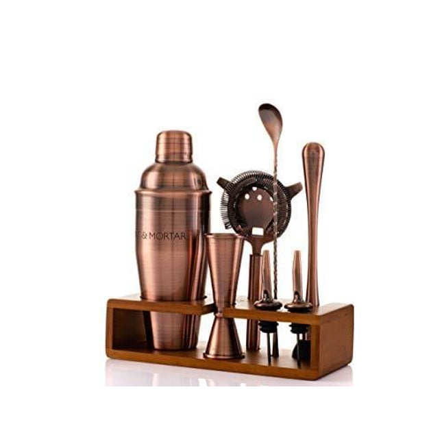 Mint&Mortar 7-Piece Cocktail Shaker Set with Bamboo Stand Stainless Steel Mixology Bartender Kit with Bar Tools for the home & professional Great Martini/Margarita 24oz mixer in Unique Brushed Copper
