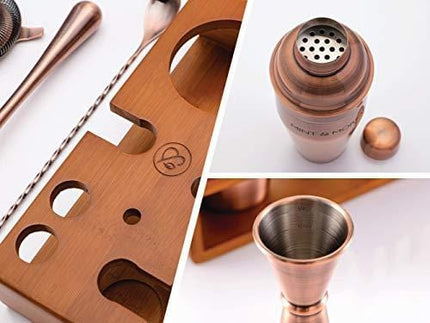 Mint&Mortar 7-Piece Cocktail Shaker Set with Bamboo Stand Stainless Steel Mixology Bartender Kit with Bar Tools for the home & professional Great Martini/Margarita 24oz mixer in Unique Brushed Copper