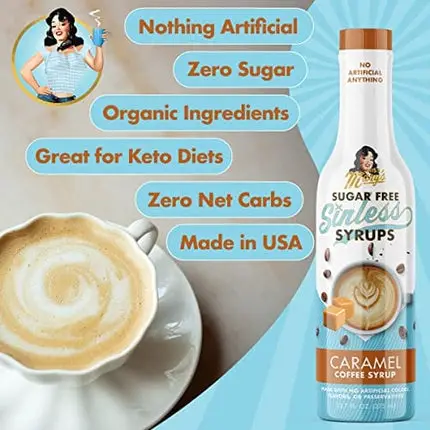 Miss Mary’s Caramel Sinless Syrup- Sugar Free Coffee Syrup, No Sugar, Keto Friendly, Plant Based, Natural Ingredients, No Artificial Sweeteners