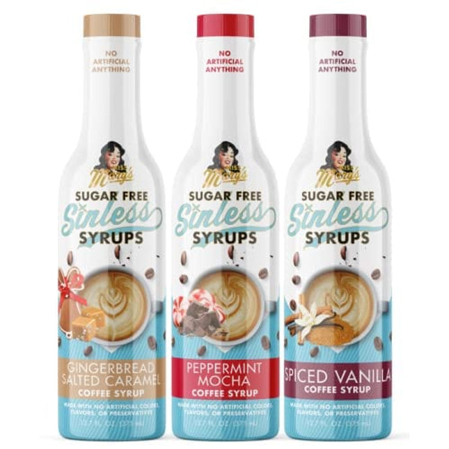 Miss Mary’s Sinless Syrups Winter Collection - Sugar Free, No Artificial Sweeteners, Coffee Tea Cocoa Dessert, Keto Friendly, Peppermint Mocha, Spiced Vanilla, Gingerbread Salted Caramel, 3 Pack