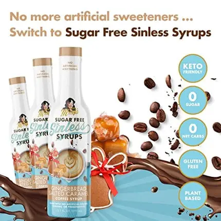 Sugar Free Gingerbread Salted Caramel Sinless Syrup - Sugar Free Coffee Syrup, Keto Friendly, Zero Carbs, Plant Based, Natural & Organic Ingredients, No Artificial Anything, No Sugar, Diabetic Friendly, Coffee Tea Cocoa Dessert, Holiday Flavor, Gingerbrea