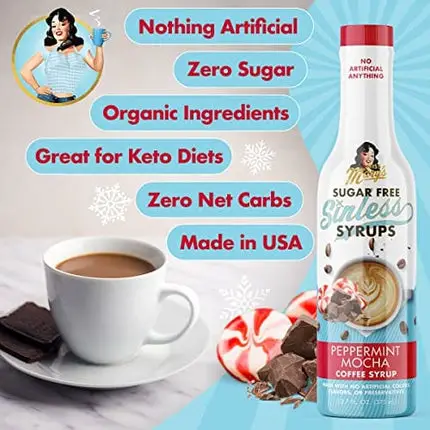 Sugar Free Peppermint Mocha Sinless Syrup - Sugar Free, No Artificial Anything, Natural and Organic Ingredients, Coffee Tea Cocoa Dessert, Keto Friendly, Holiday Flavor, Peppermint Mocha, 1 Pack