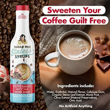 Sugar Free Peppermint Mocha Sinless Syrup - Sugar Free, No Artificial Anything, Natural and Organic Ingredients, Coffee Tea Cocoa Dessert, Keto Friendly, Holiday Flavor, Peppermint Mocha, 1 Pack