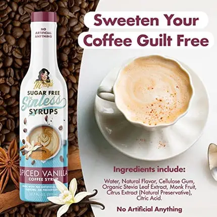 Sugar Free Spiced Vanilla Sinless Syrup - Sugar Free, No Artificial Anything, Natural & Organic Ingredients, Coffee Tea Cocoa Dessert, Keto Friendly, Holiday Flavor, Spiced Vanilla, 1 Pack