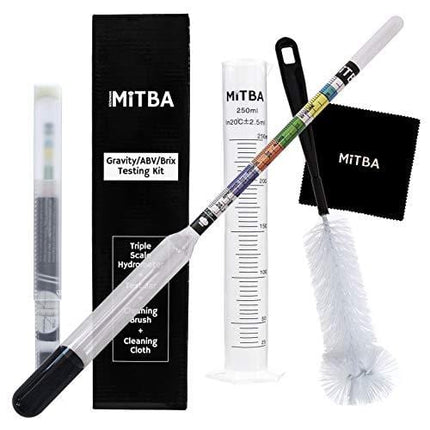 Hydrometer & Testing Jar Kit by MiTBA Test the ABV, Brix & Gravity of your Wine, Beer, Mead & Kombucha accurately! Triple Scale Hydrometer + 250ml Plastic Graduated Cylinder + cleaning brush & cloth