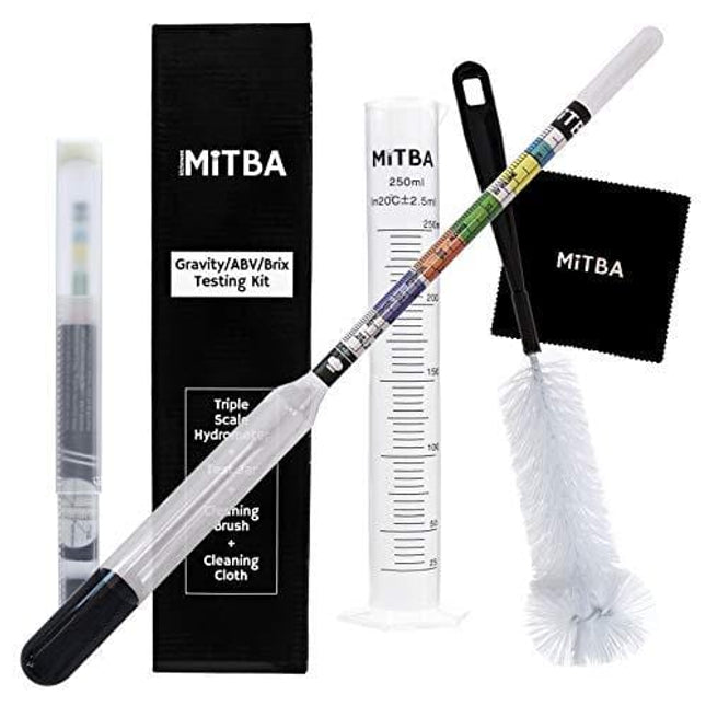 Hydrometer & Testing Jar Kit by MiTBA Test the ABV, Brix & Gravity of your Wine, Beer, Mead & Kombucha accurately! Triple Scale Hydrometer + 250ml Plastic Graduated Cylinder + cleaning brush & cloth