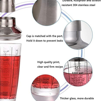 Mixixi Cocktail Shaker, 12oz Glass Martini Shaker, Recipes Measured Mixing Stainless Steel Top Cobbler Shaker