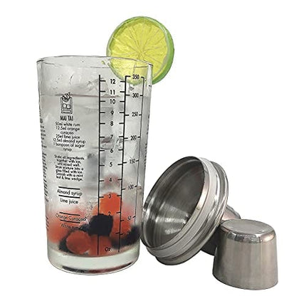 Mixixi Cocktail Shaker, 12oz Glass Martini Shaker, Recipes Measured Mixing Stainless Steel Top Cobbler Shaker