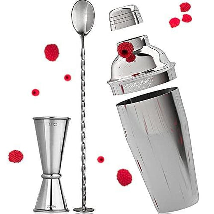 Mixologist World Cocktail Shaker Bartender Set - 3 pieces 24 oz Bar Tools Kit Accessories - Stainless Steel Martini Shaker with Built-in Strainer, Mixing Spoon, Measuring Jigger, Recipes Booklet