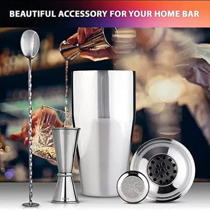 Mixologist World Cocktail Shaker Bartender Set - 3 pieces 24 oz Bar Tools Kit Accessories - Stainless Steel Martini Shaker with Built-in Strainer, Mixing Spoon, Measuring Jigger, Recipes Booklet
