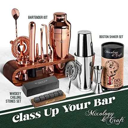 Mixology Bartender Kit: 10-Piece Bar Tool Set with Mahogany Stand | Perfect Home Bartending Kit and Martini Cocktail Shaker Set For a Perfect Drink Mixing Experience | Fun Housewarming Gift (Copper)