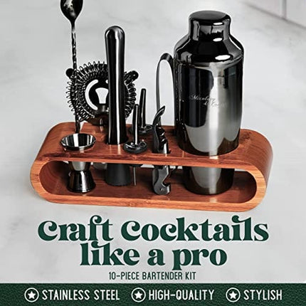 Mixology Bartender Kit: 10-Piece Bar Tool Set with Mahogany Stand | Perfect Home Bartending Kit and Martini Cocktail Shaker Set For a Perfect Drink Mixing Experience | Housewarming Gift (Gun-Metal)