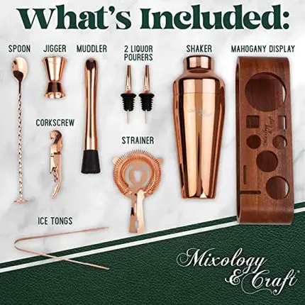 Mixology Bartender Kit: 10-Piece Bar Tool Set with Mahogany Stand | Perfect Home Bartending Kit and Martini Cocktail Shaker Set For a Perfect Drink Mixing Experience | Fun Housewarming Gift (Copper)
