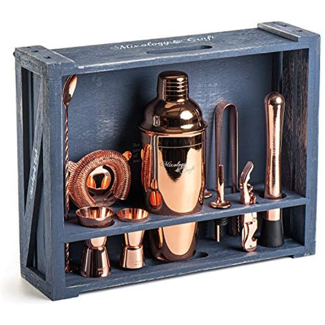 Mixology Bartender Kit: 11-Piece Bar Tool Set with Rustic Wood Stand | Perfect Home Bartending Kit and Cocktail Shaker Set for a True Drink Mixing Experience | Fun Housewarming Gift Idea (Copper)