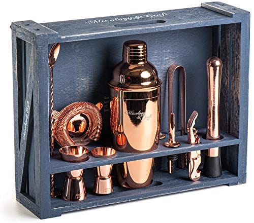 Mixology Bartender Kit: 11-Piece Bar Tool Set with Rustic Wood Stand