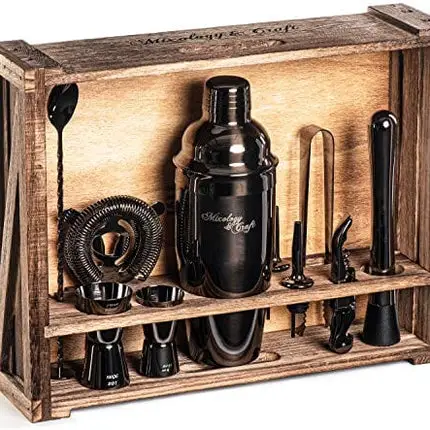Mixology Bartender Kit: 11-Piece Bar Tool Set with Rustic Wood Stand | Perfect Home Bartending Kit and Cocktail Shaker Set for a True Drink Mixing Experience | Fun Housewarming Gift Idea (Gun-Metal)