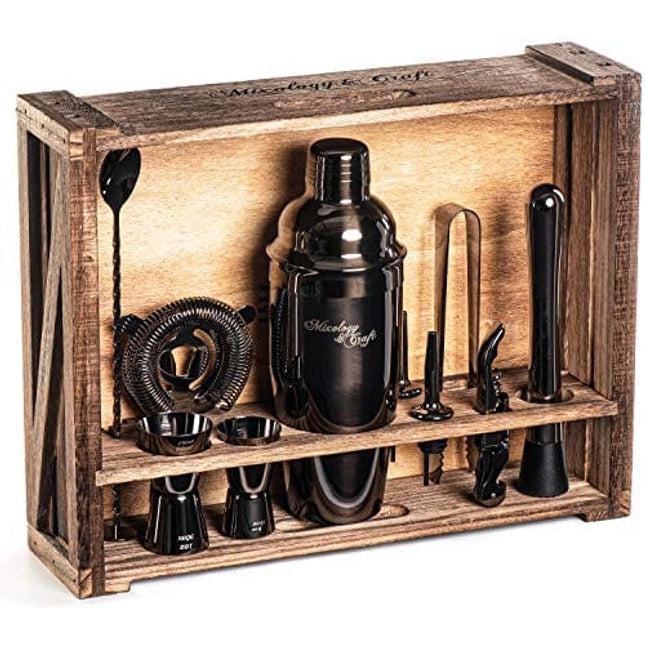 Mixology Bartender Kit: 11-Piece Bar Tool Set with Rustic Wood Stand | Perfect Home Bartending Kit and Cocktail Shaker Set for a True Drink Mixing Experience | Fun Housewarming Gift Idea (Gun-Metal)
