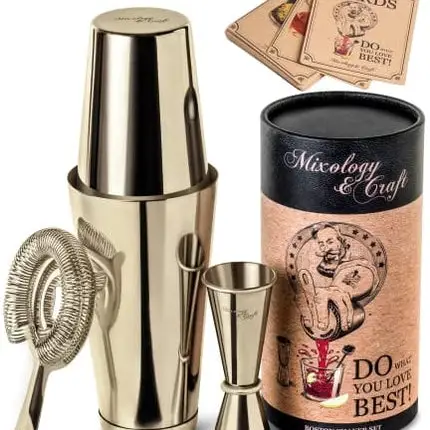 Mixology Cocktail Shaker Boston Shaker Set Professional Weighted Martini Shakers, Strainer and Japanese Jigger, Portable Bar Set for Drink Mixer Bartending, Exclusive Recipes Cards (Gold)