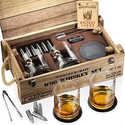 Whiskey Stones Gift Set for Men | Whiskey Glass and Stone Set with Wooden Army Crate, 6 Stainless Steel Whiskey Bullets and 10oz Whiskey Glasses | Whiskey Lovers Gift For Men, Dad, Husband, Boyfriend