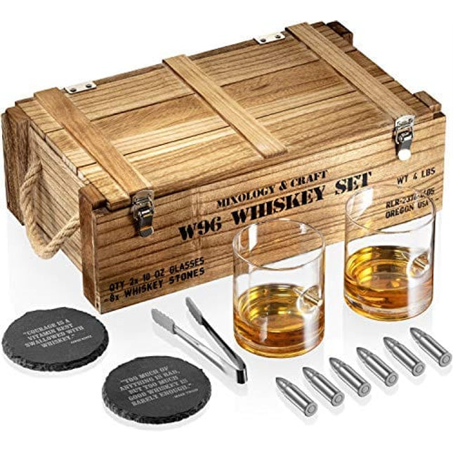 Whiskey Stones Gift Set for Men | Whiskey Glass and Stone Set with Wooden Army Crate, 6 Stainless Steel Whiskey Bullets and 10oz Whiskey Glasses | Whiskey Lovers Gift For Men, Dad, Husband, Boyfriend