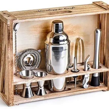 Mixology Bartender Kit: 11-Piece Bar Tool Set with Rustic Wood Stand - Perfect Home Bartending Kit and Cocktail Shaker Set For an Awesome Drink Mixing Experience (Silver)